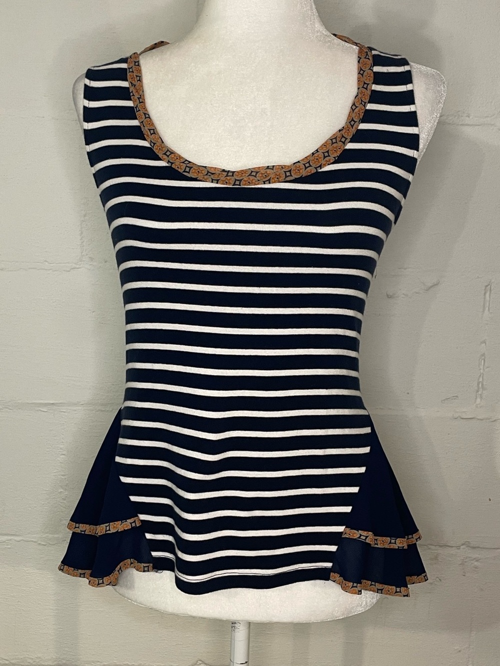 Anthropologie Navy and White Striped Peplum Tank with Brown Trim